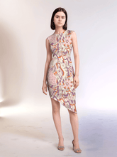 Amai dress by Blissfully Brand featuring asymmetrical hemline and vibrant abstract floral-inspired patterns.